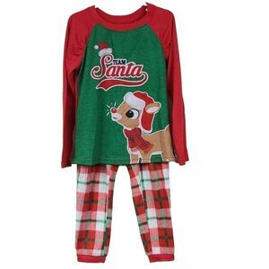 Rudolph Girls Holiday Pajamas 2pc Red Plaid Fleece Sleep Set Festive 6/6X PJs